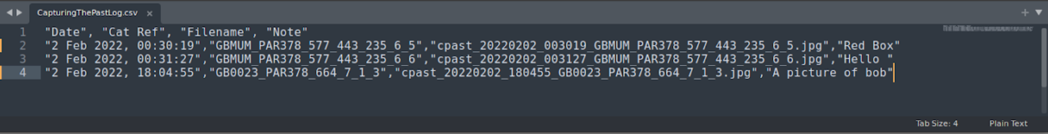 image of a csv formated log file in a text editor